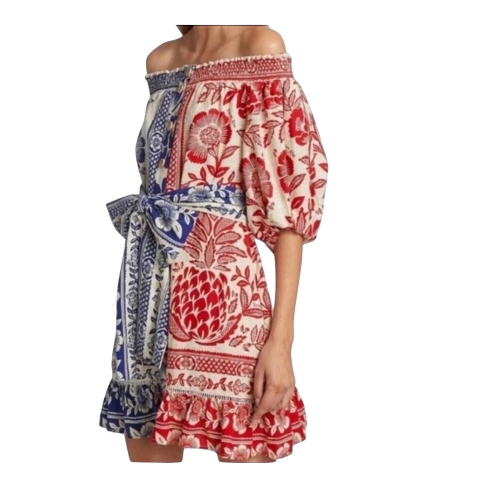 Off-Shoulder Red & Blue Floral Mini Dress